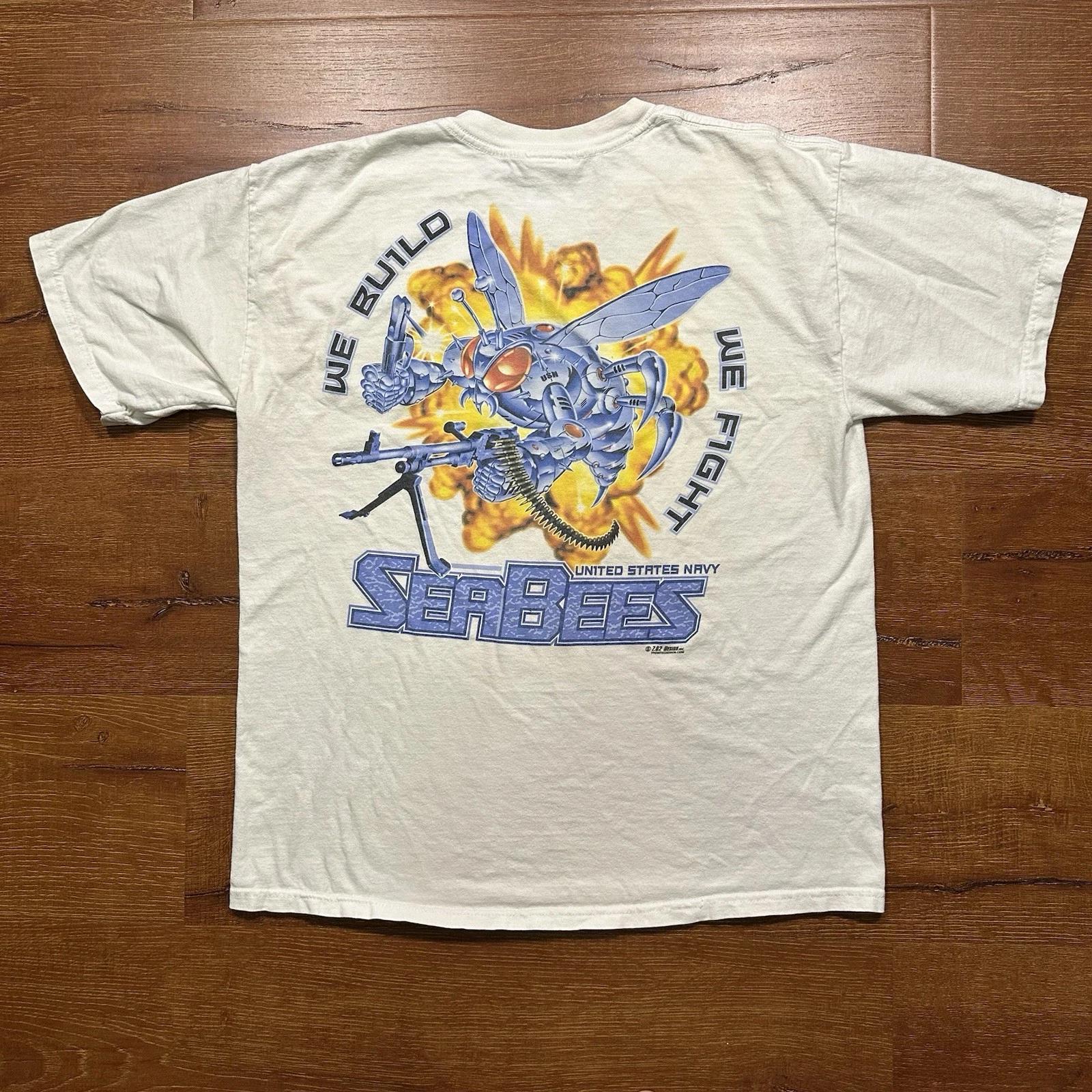 

Vintage US Navy Sea Bees T Shirt Mens L White Short Sleeve Military VTG 90s 3XL