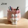 Pink Aesthetic Decor Cute Cartoon Girl Pen Holder, Resin Makeup Brush Decorative Desktop Niche Office Supplies Organizer with Bow Design, Sundries