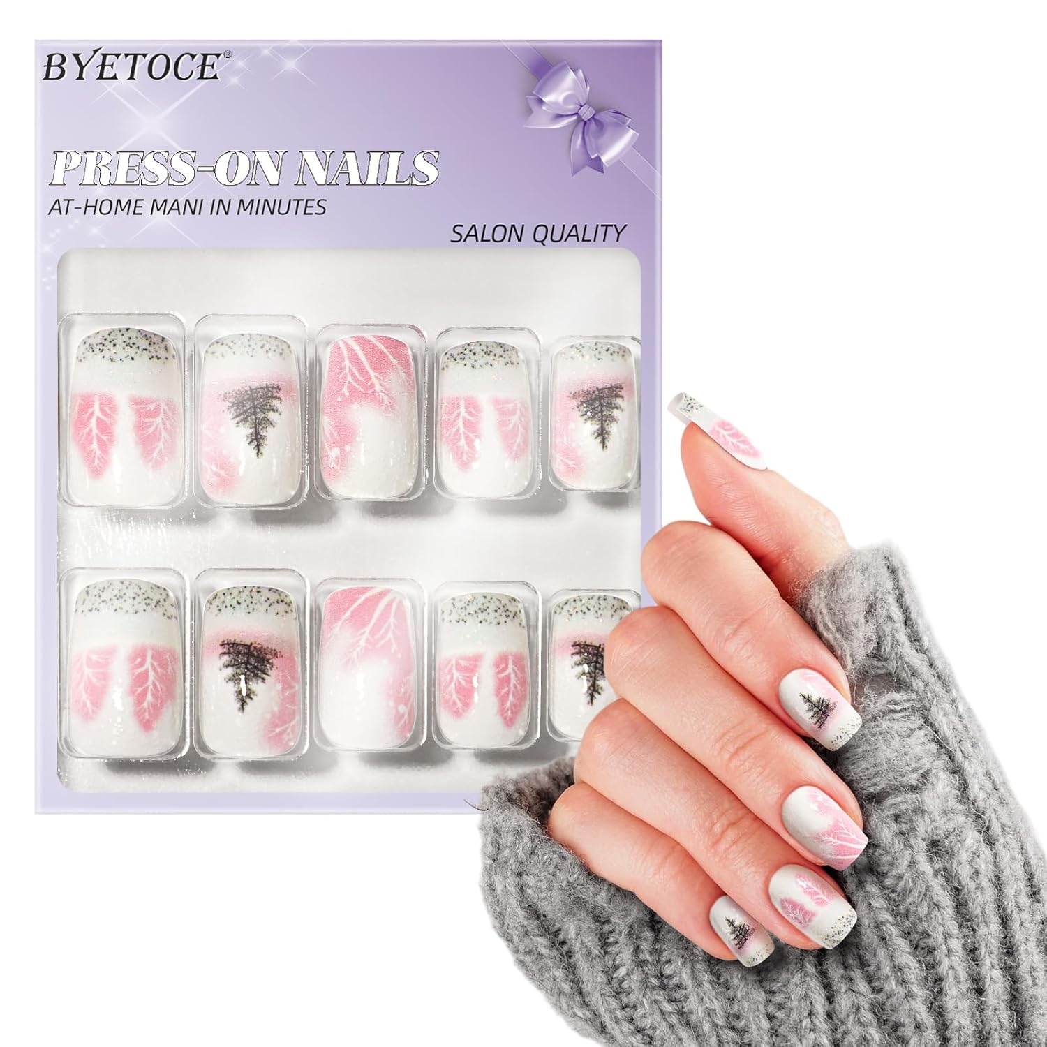 French Tip Press on Nails Christmas Pink Fake Nails Glitter Silver False Nails with Snow Trees Design Xmas Glue on Nails Winter Artificial for Women