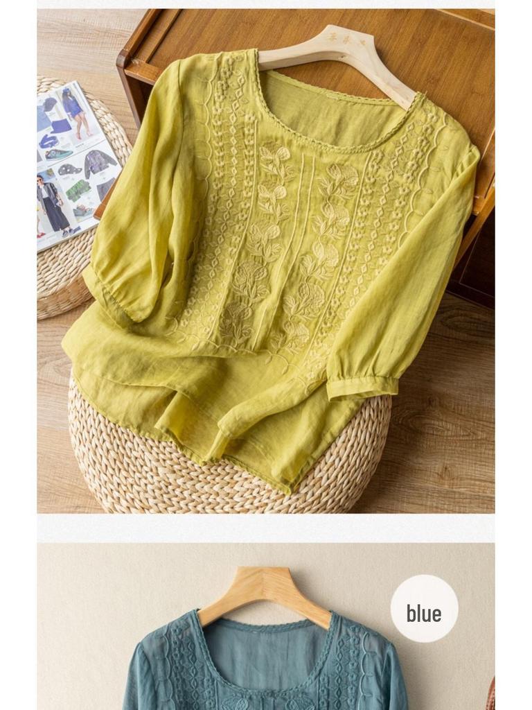 Southeast Asia Thin Noble Embroidery Women's Retro Cotton Linen Short Sleeve T-shirt