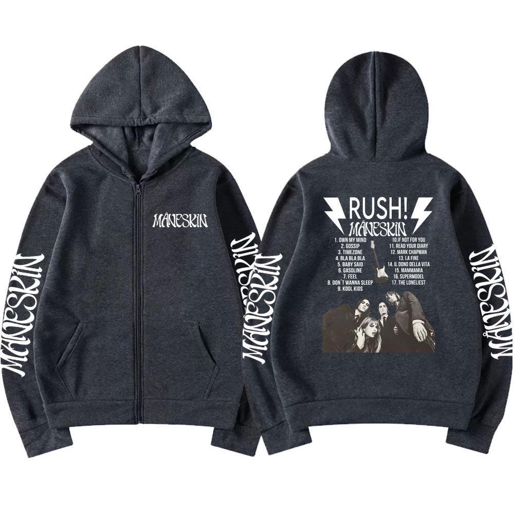 Felpa con zip poster Rush Maneskin Band Rock Italiana Uomo Donna Felpa Maschile Larga Moda Streetwear Y2k Cappotti