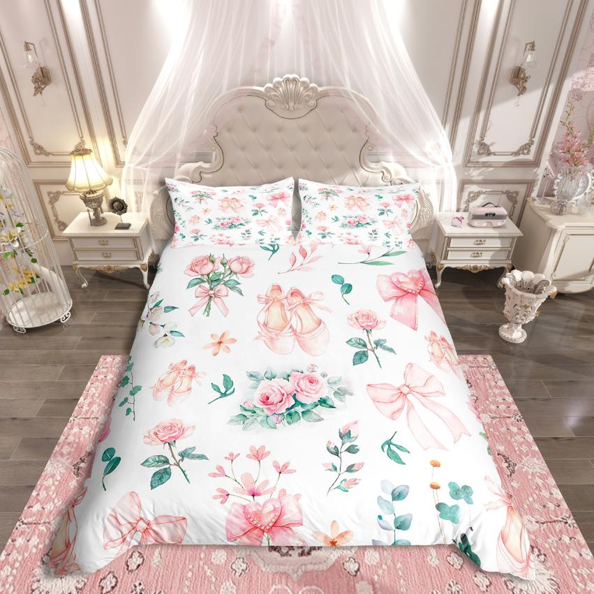 Homewish Süßes Schleifenknoten Bettbezug-Set Schickes Blumenmuster Für Mädchen Bettwäsche-Set Tanz Ballett Thema Dekor