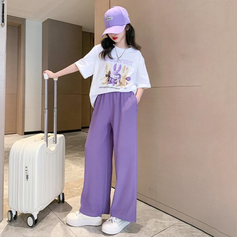 

Комплект одежды для девочек-подростков с изображением кролика из мультфильма, летние детские футболки и штаны для девочек, комплект из 2 предметов, детский верх и низ, спортивные костюмы 160 белый