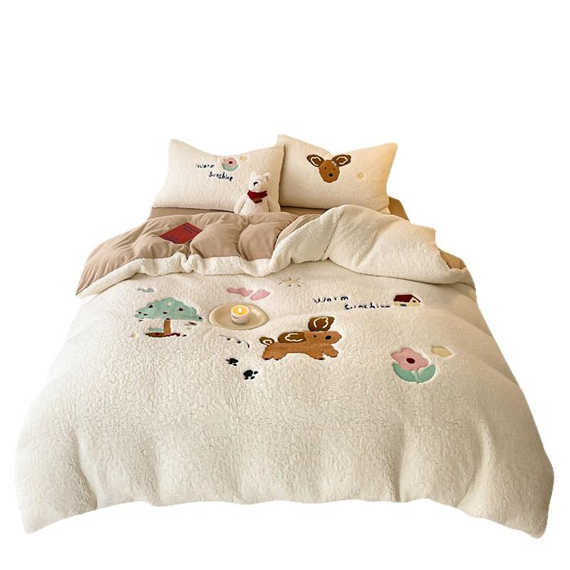 Cartoon Lamb Fleece Four-Piece Set Thickened Milk Fleece Bed Sheet Quilt Cover Coral Fleece Fleece Bedding