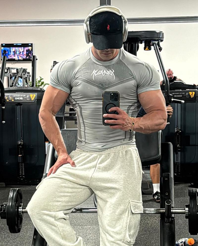 YOUNGAL Men's High Elastic Short Sleeve Fitness T-Shirt