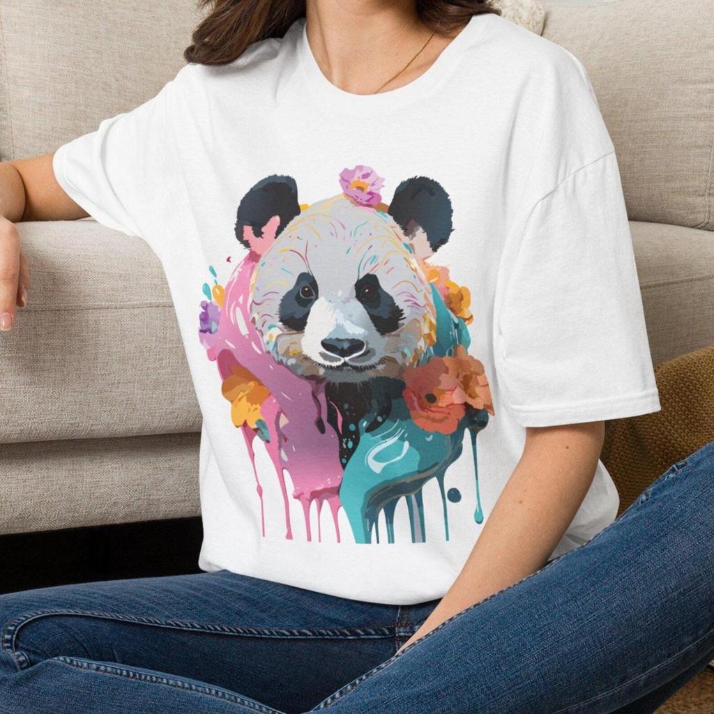 Colorful Floral Panda T-Shirt | Watercolor Drip Animal Art Gift for her Mom Grandma Family Friend Sister Crew Team Party Aunt