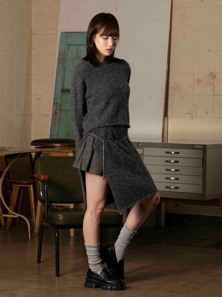 THE GREEN LAB Soft Texture Knit Wrap Skirt Set [Charcoal Gray]