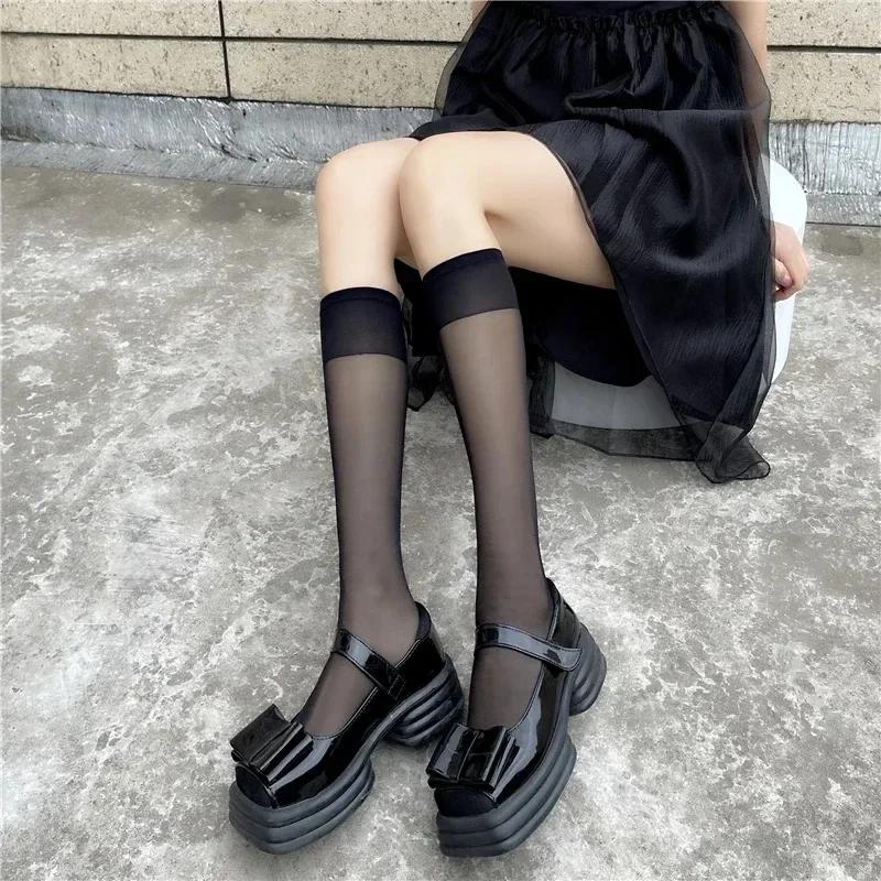 1/2pairs Lolita Silk Socks Knee Sock Tube Jk Girls Socks See Through White Black Long Sock Lolita Nylon Knee Lolita Stockings