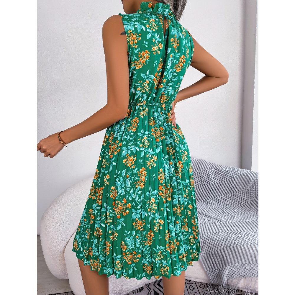 Frühlings- und Sommer-Damen-Temperament Holzohrring Blumen Taillierte Plisseekleider