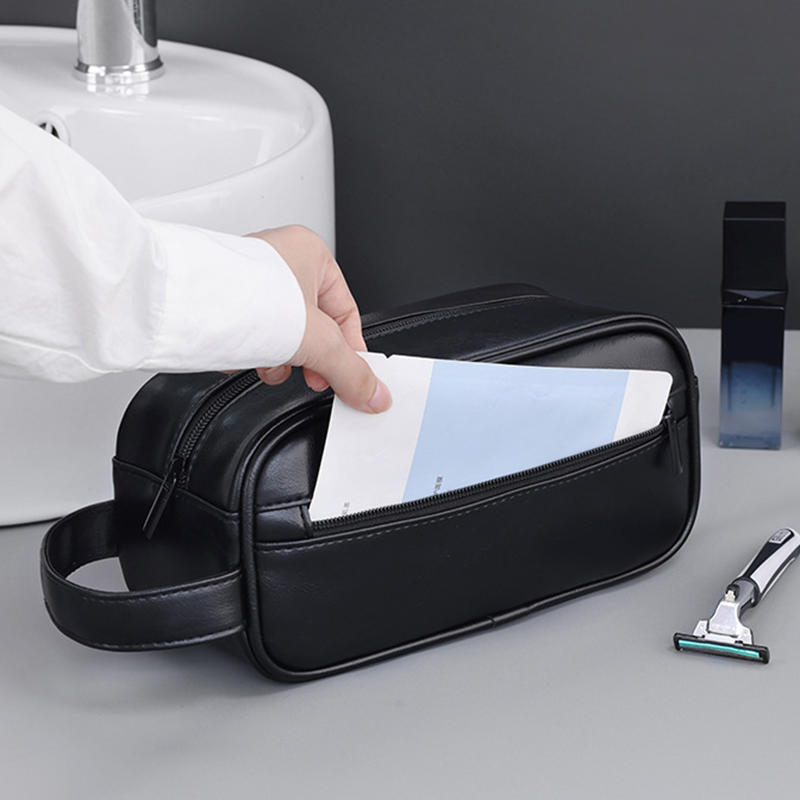 Men PU Wash Bag Travel Business Trips Portable Cosmetic Bag Large Capacity Multi Pocket Design Handheld Wash Bag