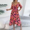 Women's Fashionable Off Shoulder Cross V-neck Flower Short Sleeve Printed Strap Holiday Dress