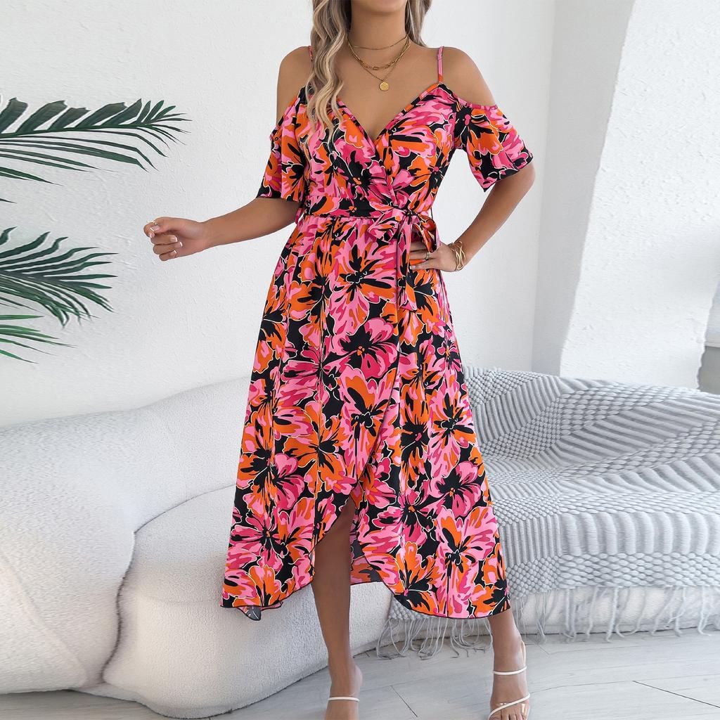 Women's Fashionable Off Shoulder Cross V-neck Flower Short Sleeve Printed Strap Holiday Dress