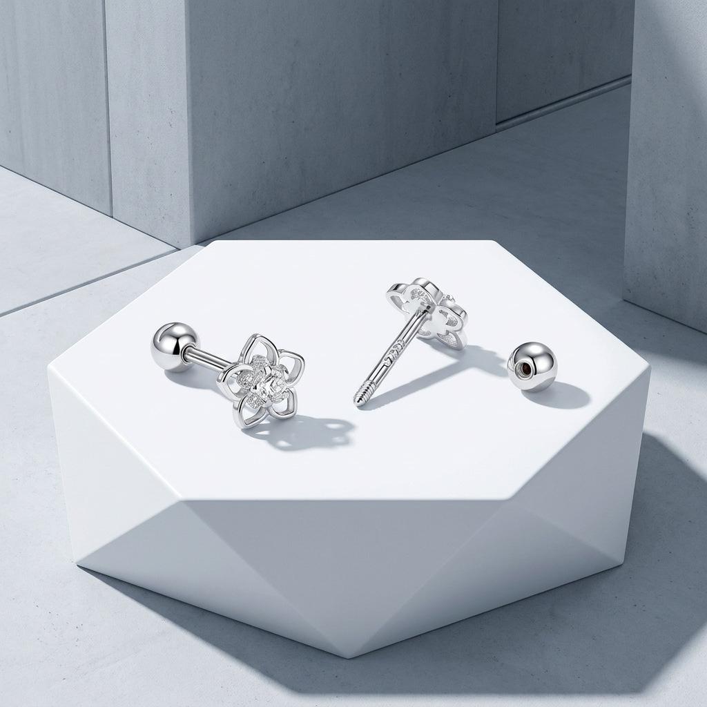 S925 Silver Gold Rhodium Plated Hollow Five Petal Flower Stud Earrings Women's Simple Niche Zircon Minimalist Cross-border