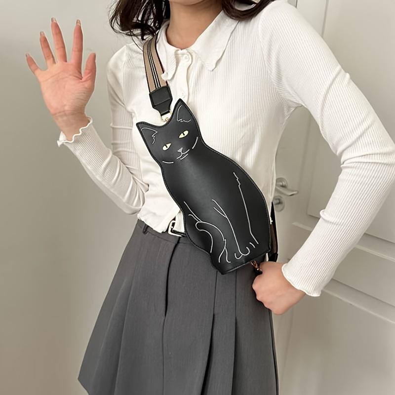 Stylish Black Cat Crossbody Bag  Ladies Chest Bag  Large Capacity PU Leather Purse Retro Animal Design Cute Cartoon Shoulder Bag