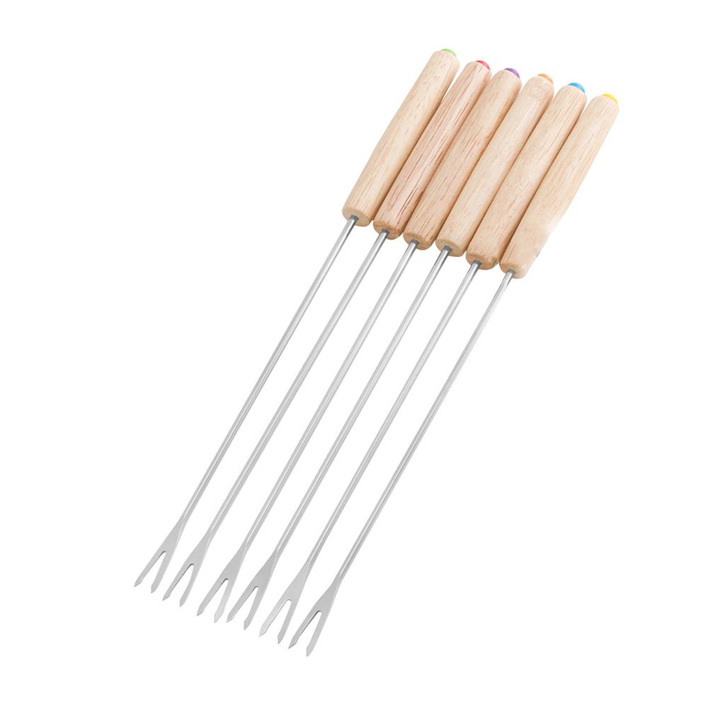 6pcs Stainless Steel Fondue Forks Cheese Fondue Sticks Smore Sticks with Wooden Handle Heat Resistant for Chocolate