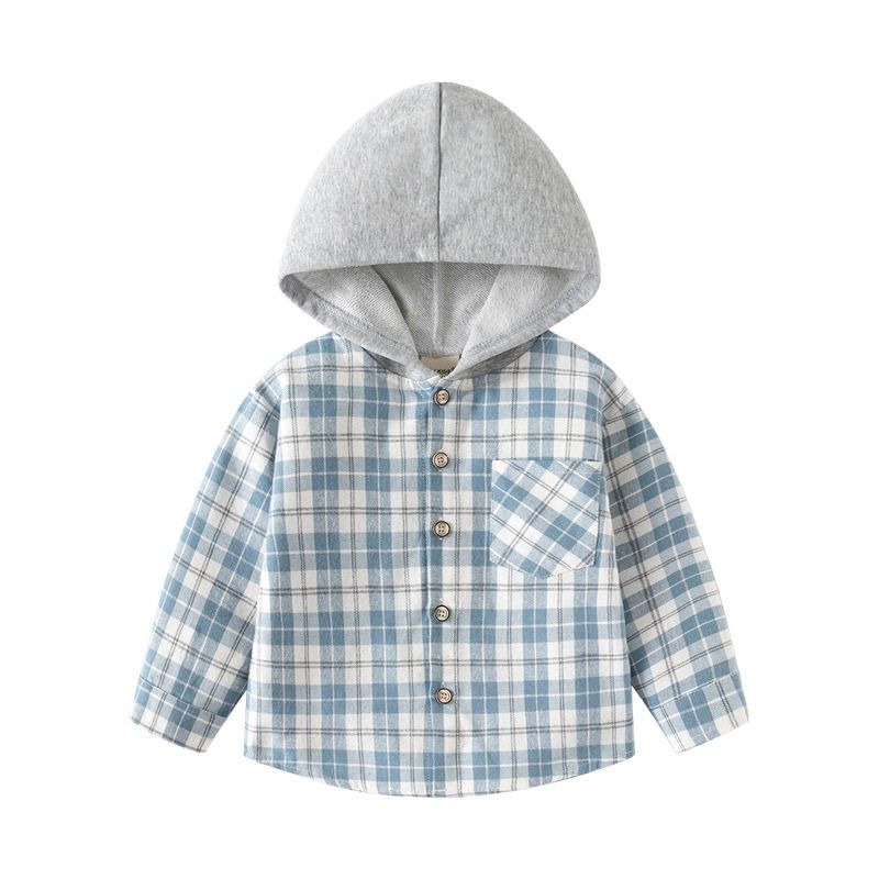 K-style Children's Clothing Spring and Autumn Boys' Long-Sleeved Shirt Kids Gingham Hooded Shirt Baby Boy Casual Long Sleeve Tops