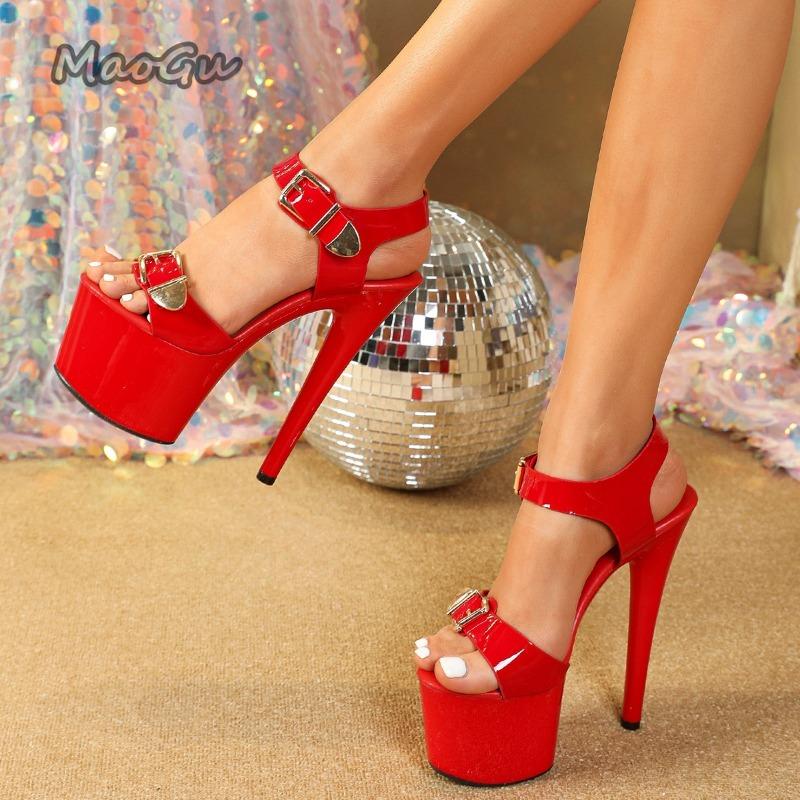 Fashion Sexy Patent Leather 16.5cm Super High Heels Women Fashion Peep Toe Buckle Strap Nightclub Party Dress Shoes Sandalias De Mujer