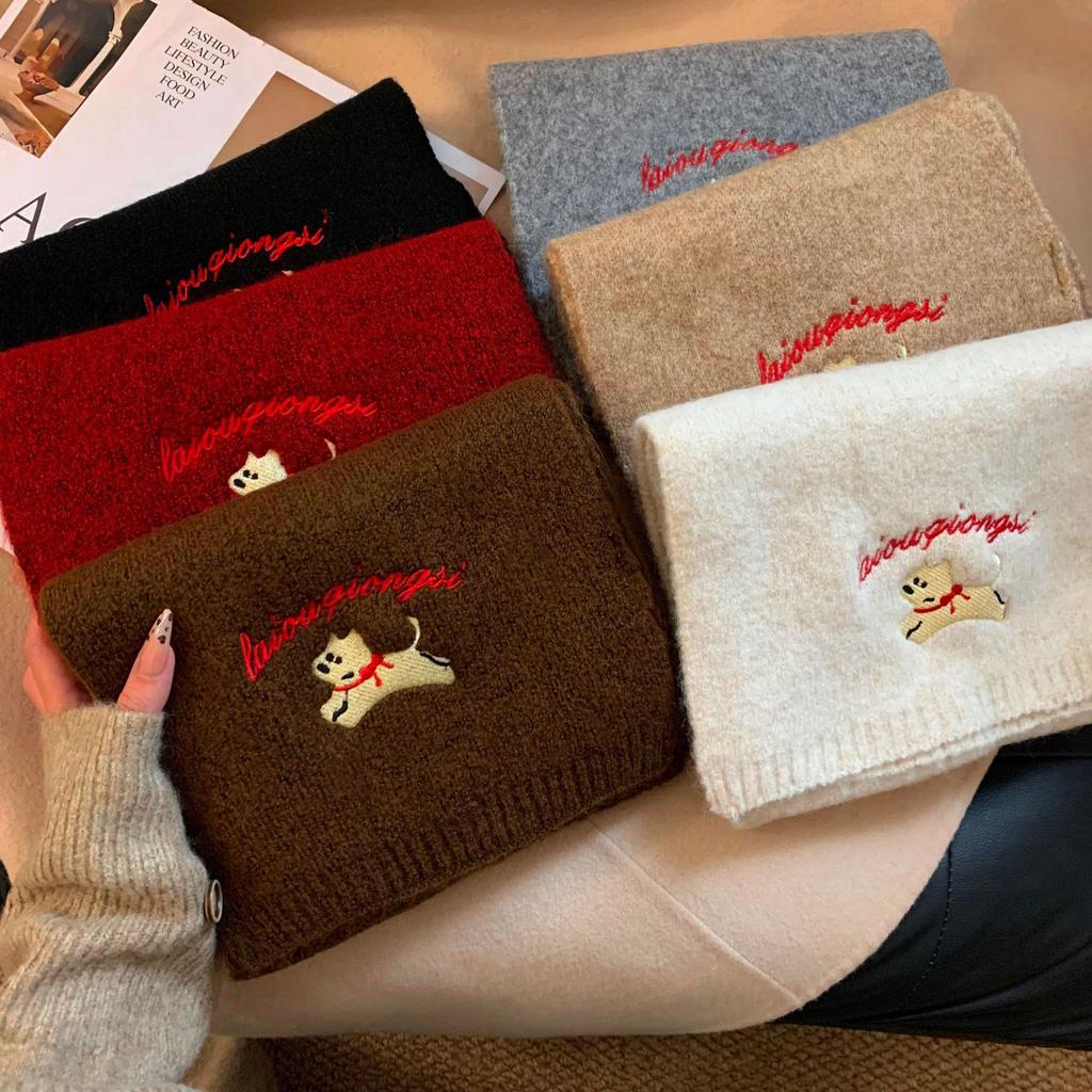 Red Scarf Women Gilrs Autumn/Winter Korean Style Cute Embroidered Dog Women Fashion Versatile Thicken Warm Knitted Neck Scarf
