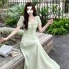 Light green lotus leaf V-neck dress for women's summer waist and thin French gentle wind bubble sleeve temperament long dress