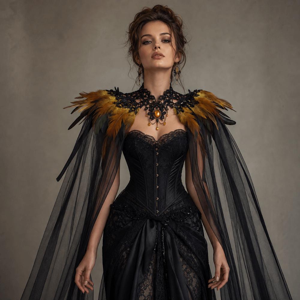 Fur Collar Hollow Lace Mesh Cape Black Festival Costume Cape  Role Playing Costume