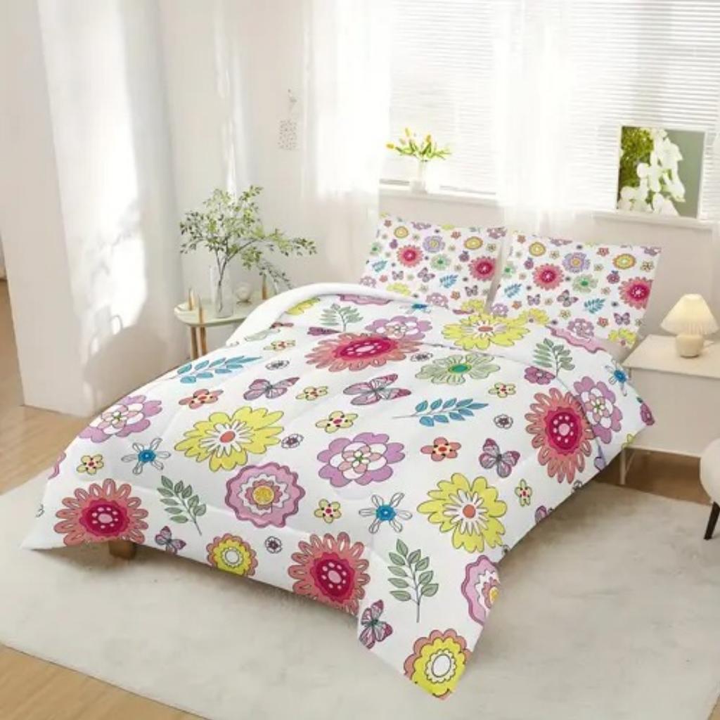 Dopamin Buntes Blumenmuster Romantischer Bettbezug Queen King Size Frühling Blumenmuster Bettwäscheset Raumdeko 3-teiliges Set Ohne Steppdecke