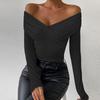 2024 European & American Autumn/Winter Women's Sexy Deep V Long Sleeve Pleated Off-Shoulder Top