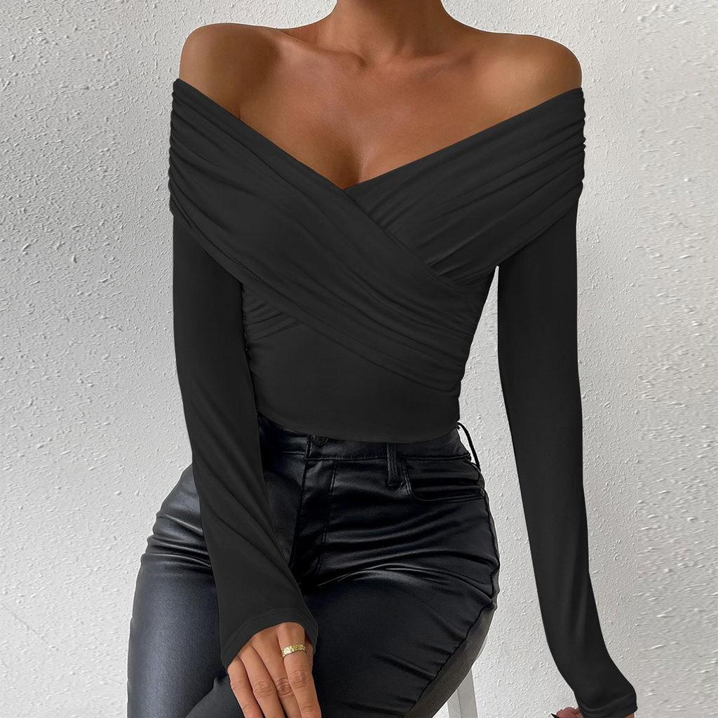 2024 European & American Autumn/Winter Women's Sexy Deep V Long Sleeve Pleated Off-Shoulder Top