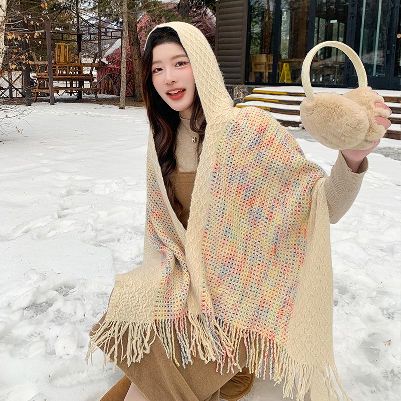 

Knitted Winter Scarf Women Ladies Layers Poncho Rainbow Plaid Tassel Wraps Shawl Casual Warm Scarve Capa Para Pashmina Cloak New One Size& 8Y