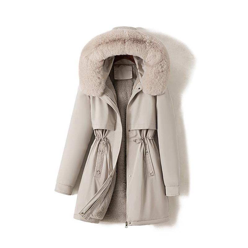 Women's 2026 Winter Mid-Length Velvet Parka with Large Fur Collar - Slimming Korean Style Cotton Jacket