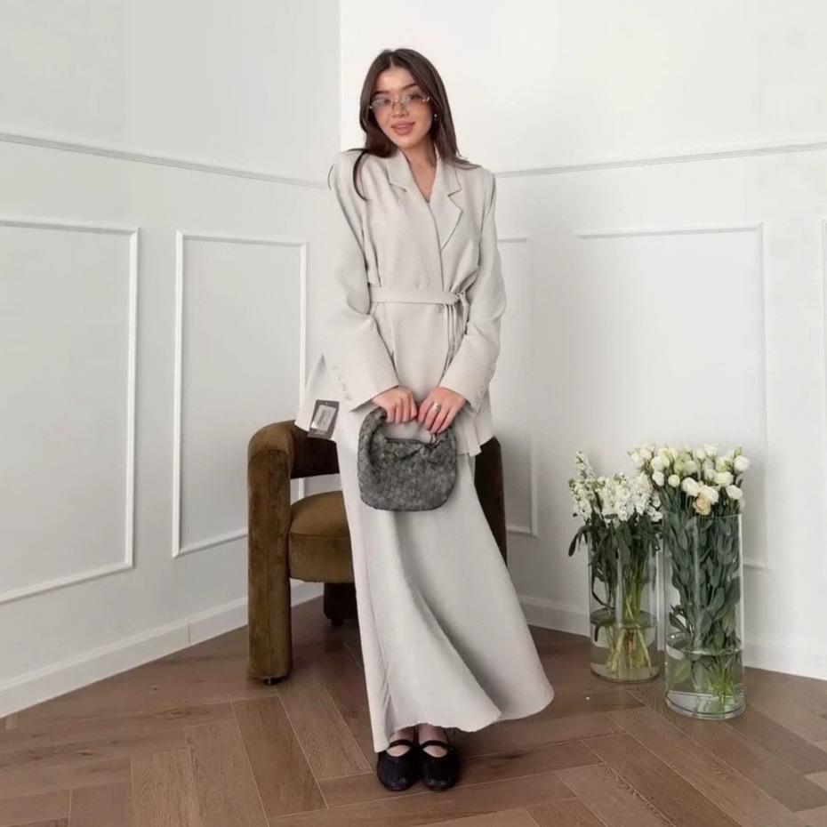 European and American Amazon women's new V-neck long-sleeved lace-up waist suit jacket high waist long skirt set