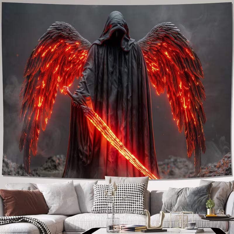

2D Gothic Hooded Reaper Tapestry, Glowing Fiery Sword Wall Art for Living Room 47.2x31.5inch/120*80cm