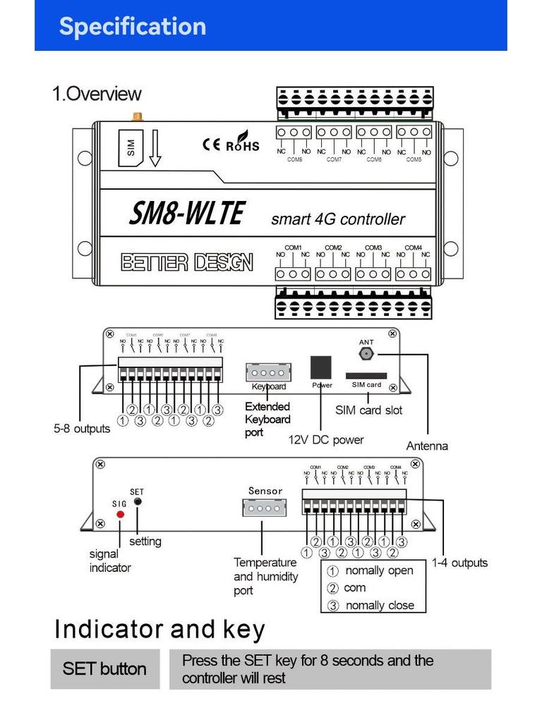 SM8-WLTE-EU 4G Eight-Way Mobile Phone-Controlled Temperature & Humidity Alarm with Remote SMS/App/Web Control