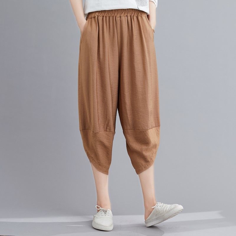 Summer Linen-Cotton Harem Pants for Women Loose Ankle-Cuffed Casual Carrot Seven-Point Trousers