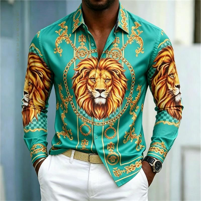 Men's shirt street style animal print shirt white base gilded chain men's slim fit trendy long sleeved business casual shirt