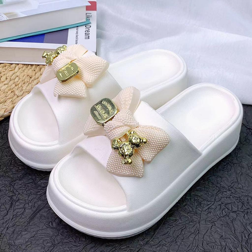 Slippers women's new thick-soled bear bow slippers women's spring and summer fashion one-word slippers