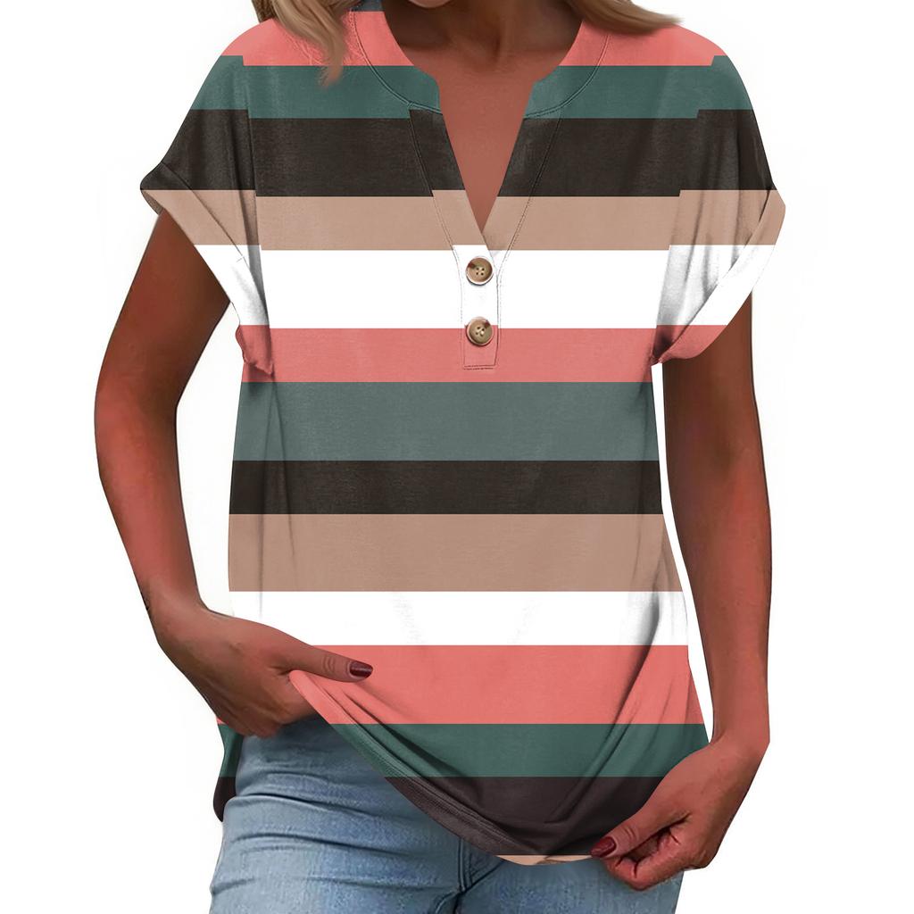 Modisches Lässiges Locker Geschnittenes Kurzärmeliges Knöpfbares V-Ausschnitt Bedrucktes T-Shirt Top für Damen