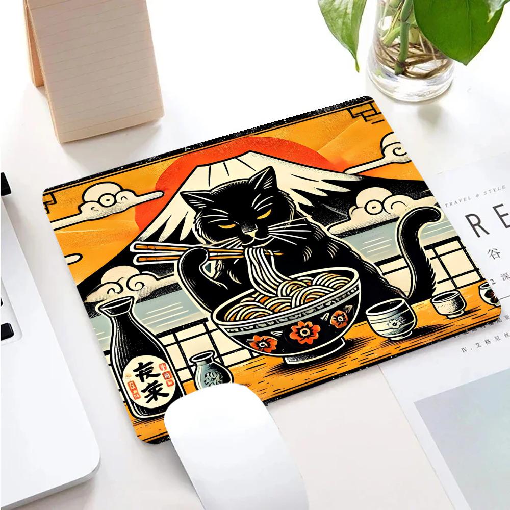 Japanese Cat Eating Ramen kawaiiMouse Pad Square Gaming Accessory Rubber Deskmats Non-Slip Computer Keyboard Mat Laptop Mousepad