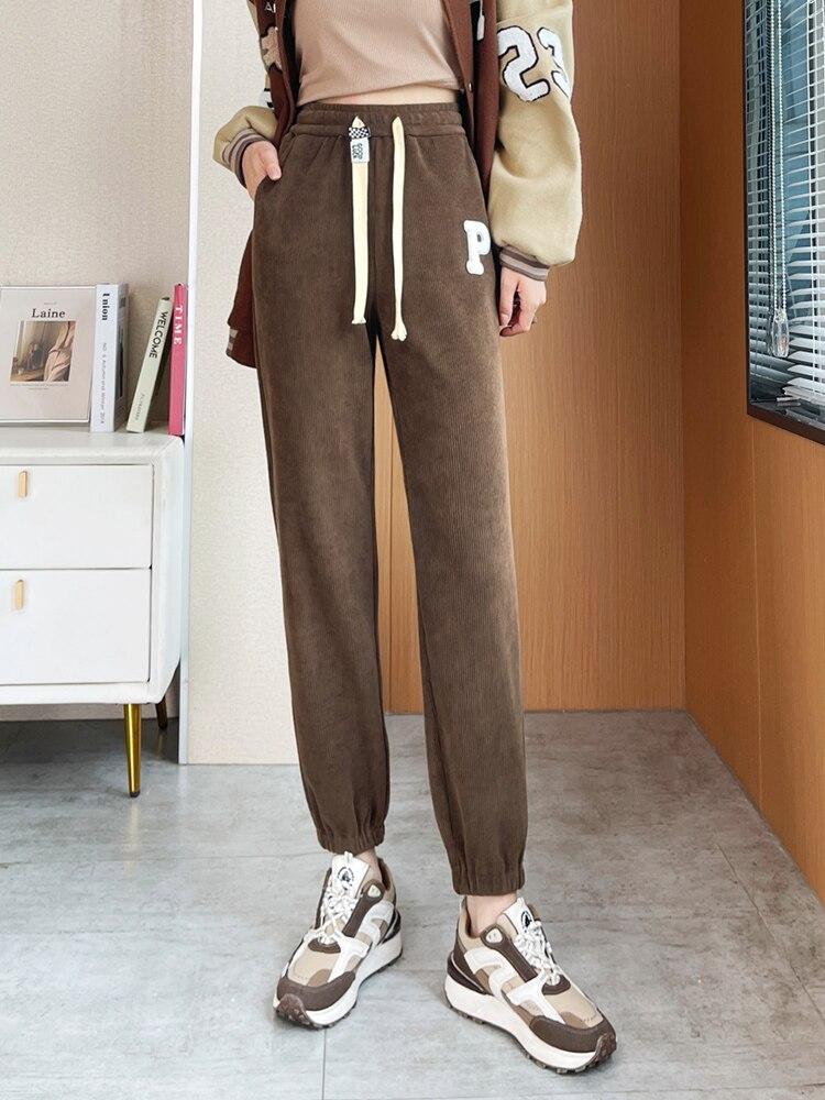

Зимние повседневные модные брюки, утолщающие теплые женские флисовые свободные спортивные штаны на шнурке, однотонные брюки-карандаш с высокой талией в стиле Харадзюку XXXXL коричневый