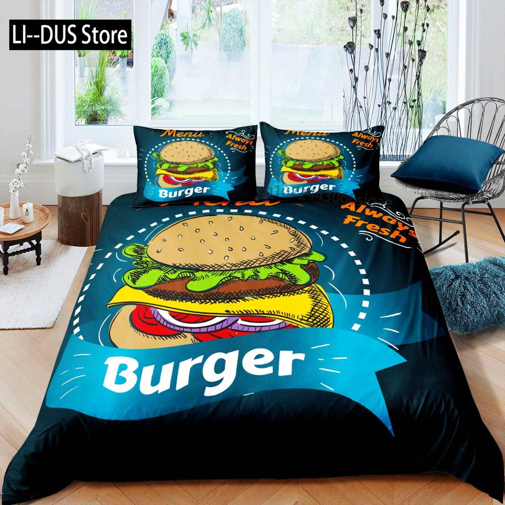 Hamburger Duvet Cover Set Meat Cheese Comforter Cover Fast Food Theme Bedding Set Cartoon Hamburg Pattern Quilt Cover For Kids