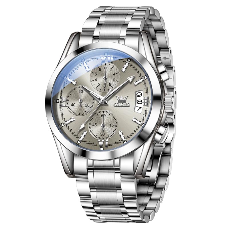 OLEVS Men's Waterproof Watch with Luminous Chronograph, Date Display, Stainless Steel Band, Gray, Perfect for Business or Casual Wear