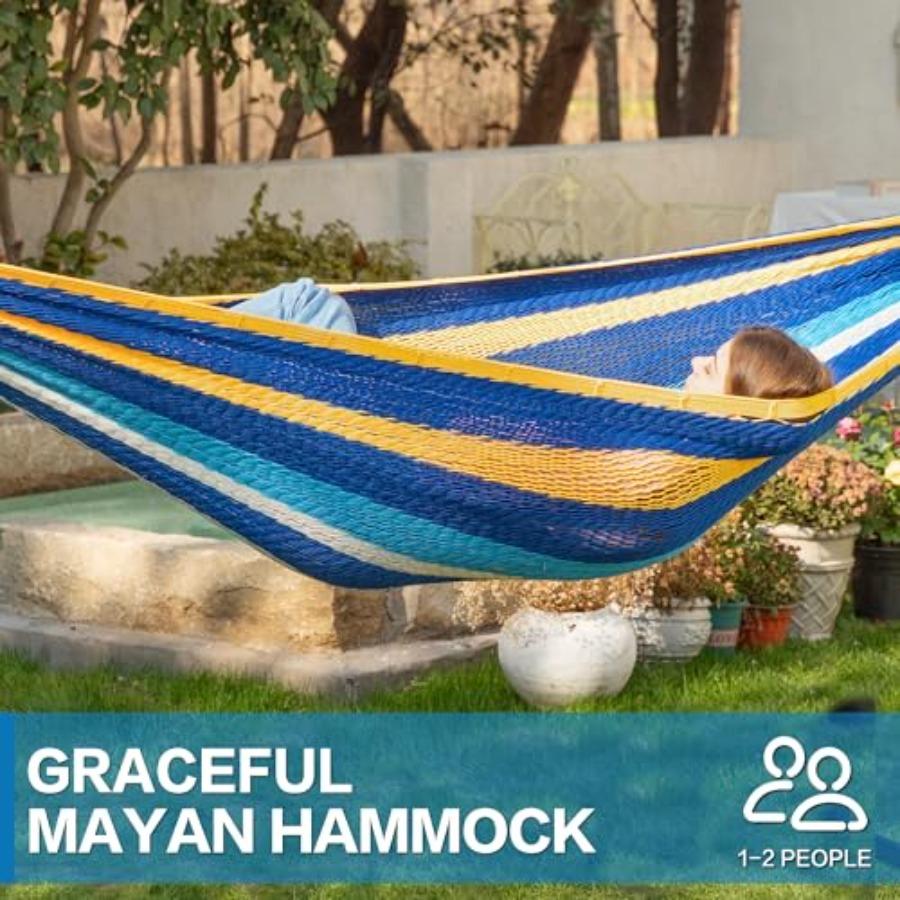 Handwoven Mayan Hammock Thick Soft Rope Double Hammock for Outdoor Outside Indoor 600 lbs Capacity Heavy-Duty Includes Tree Str