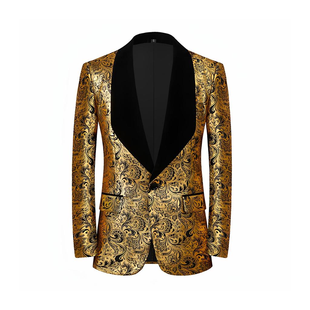 Pánský luxusní dvoudílný oblek s ražbou ve zlaté barvě, sako a vesta