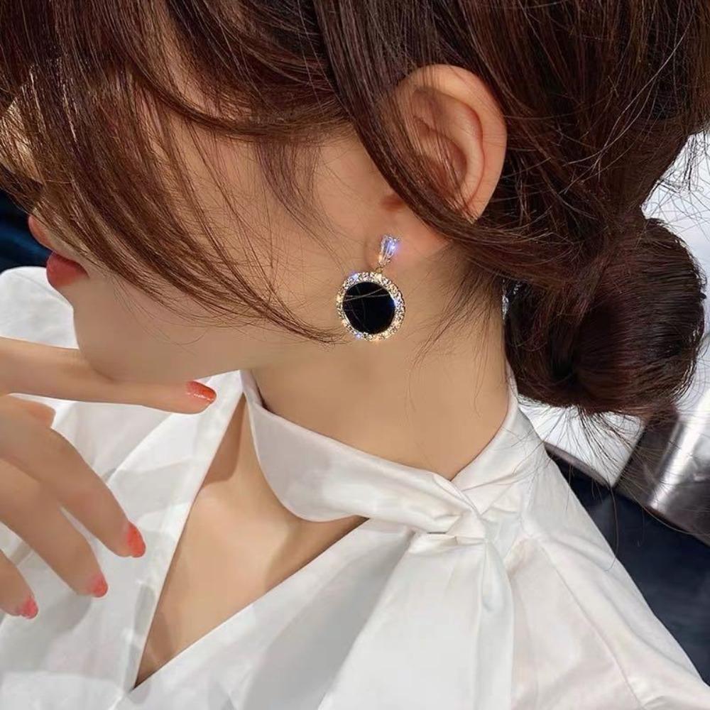 Fashion Personality Sparkly Zircons Trimmed Black Onyx Style Round Dangle Earrings for Women Korean Charm Evening Party Jewelry