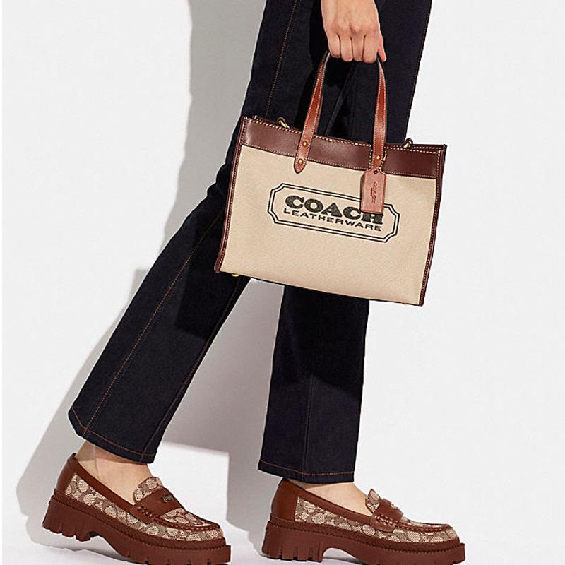 Coach Feld 30 Klassische Große Kapazität Logo Print Canvas und Leder Tragetasche Damen Tragetaschen C8459-B4TXJ