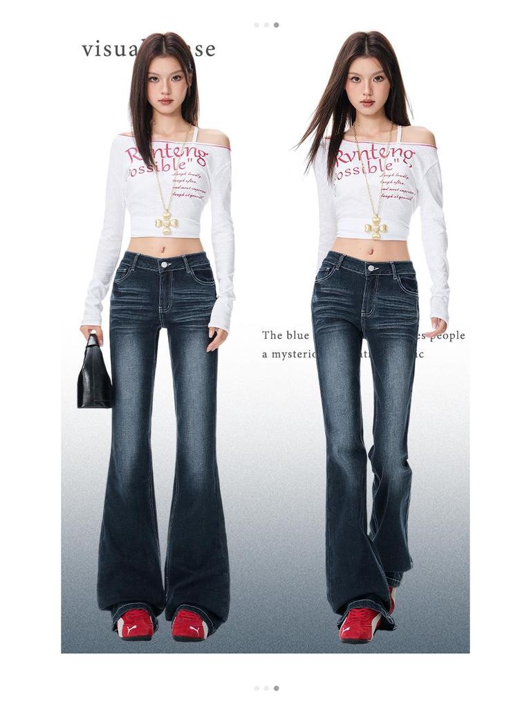 Blue-Gray Low-Waisted Slim Fit Flared Jeans for Women - Autumn Design