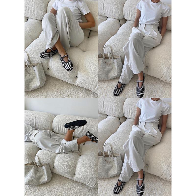 Sheepskin Round Head Mesh One-word Buckle Ballet Shoes Women's Full Diamond Flats Hollow Mary Jane Single Shoes Fishnet Shoes