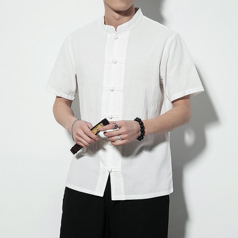 Summer Chinese Style Linen Short-sleeved Shirt Men's Retro Disc Buckle Large Size Tang Suit Hanfu Cotton and Linen Shirt Men