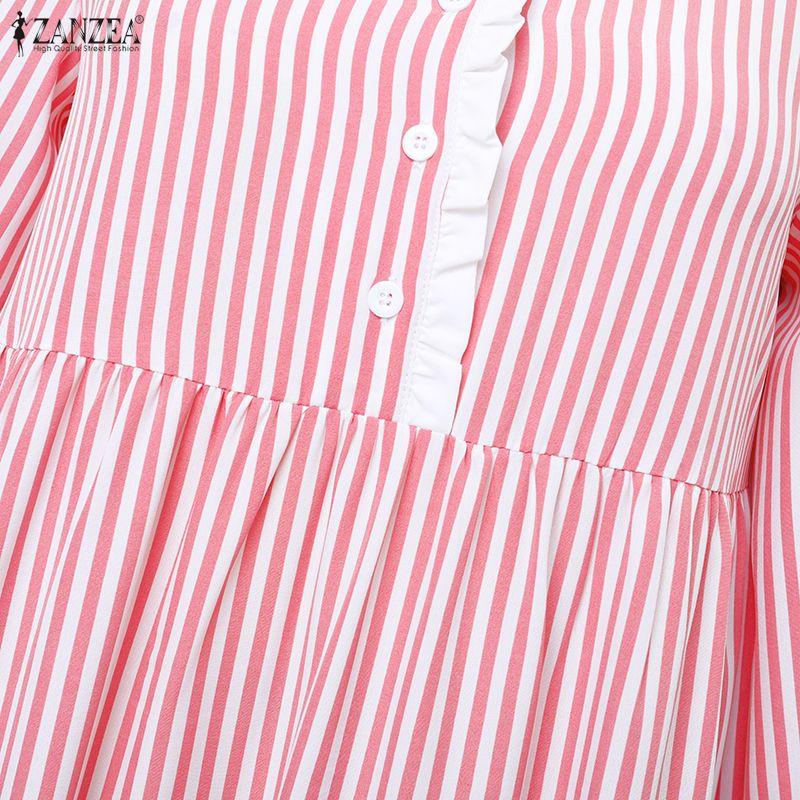 ZANZEA Women Stripe Print Loose Casual Long Sleeve Splice Long Dress