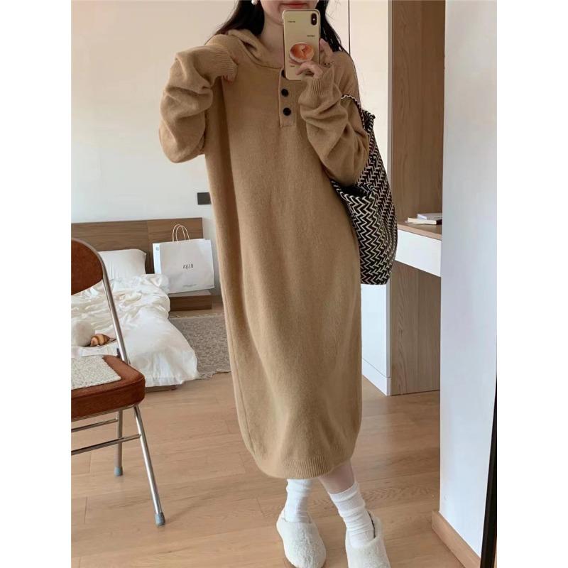 

Lazy wind hooded sweater skirt women s autumn new loose knee thickened long knitted dress one size fits all