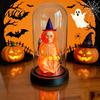 Unique Halloween Gift Decoration, Lighted Skeleton in Clear Dome Cloche with Warm Glow, Battery Year-round Decor Operated Skull Lamp Witch Hat